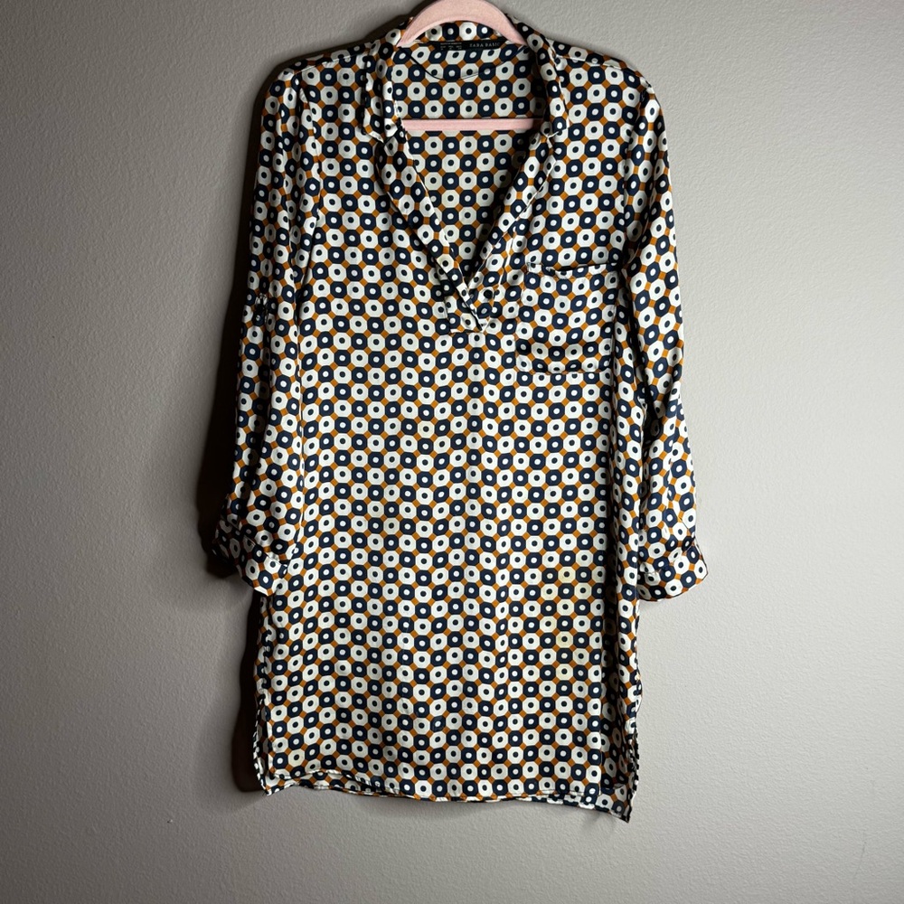 Zara V-Neck Long Sleeve Orange Navy Cream Geometric Print Shirt Dress Sz M